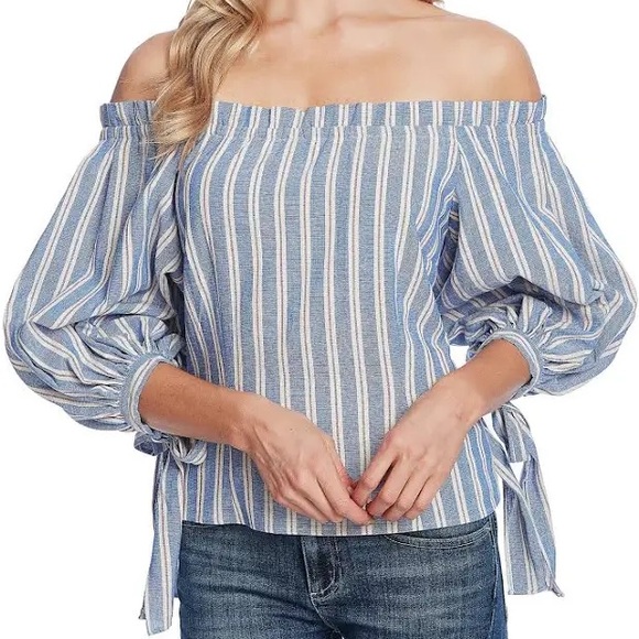 NWOT off the shoulder blue stripe top with sleeve ties - Picture 1 of 1